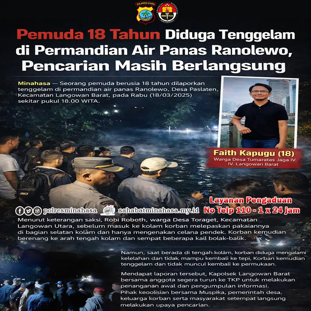 Pemuda 18 Tahun Diduga Tenggelam di Permandian Air Panas Ranolewo, Pencarian Masih Berlangsung